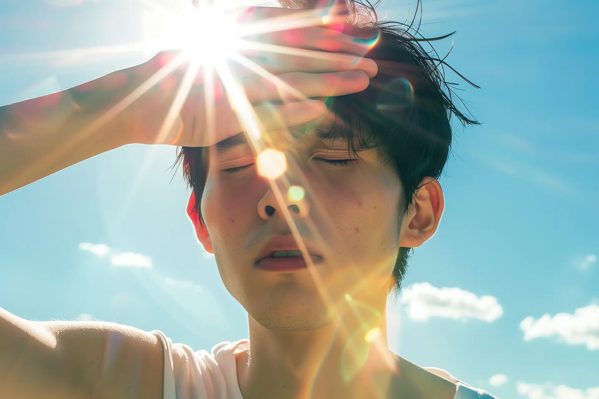 男性在户外遮挡正午的强烈阳光