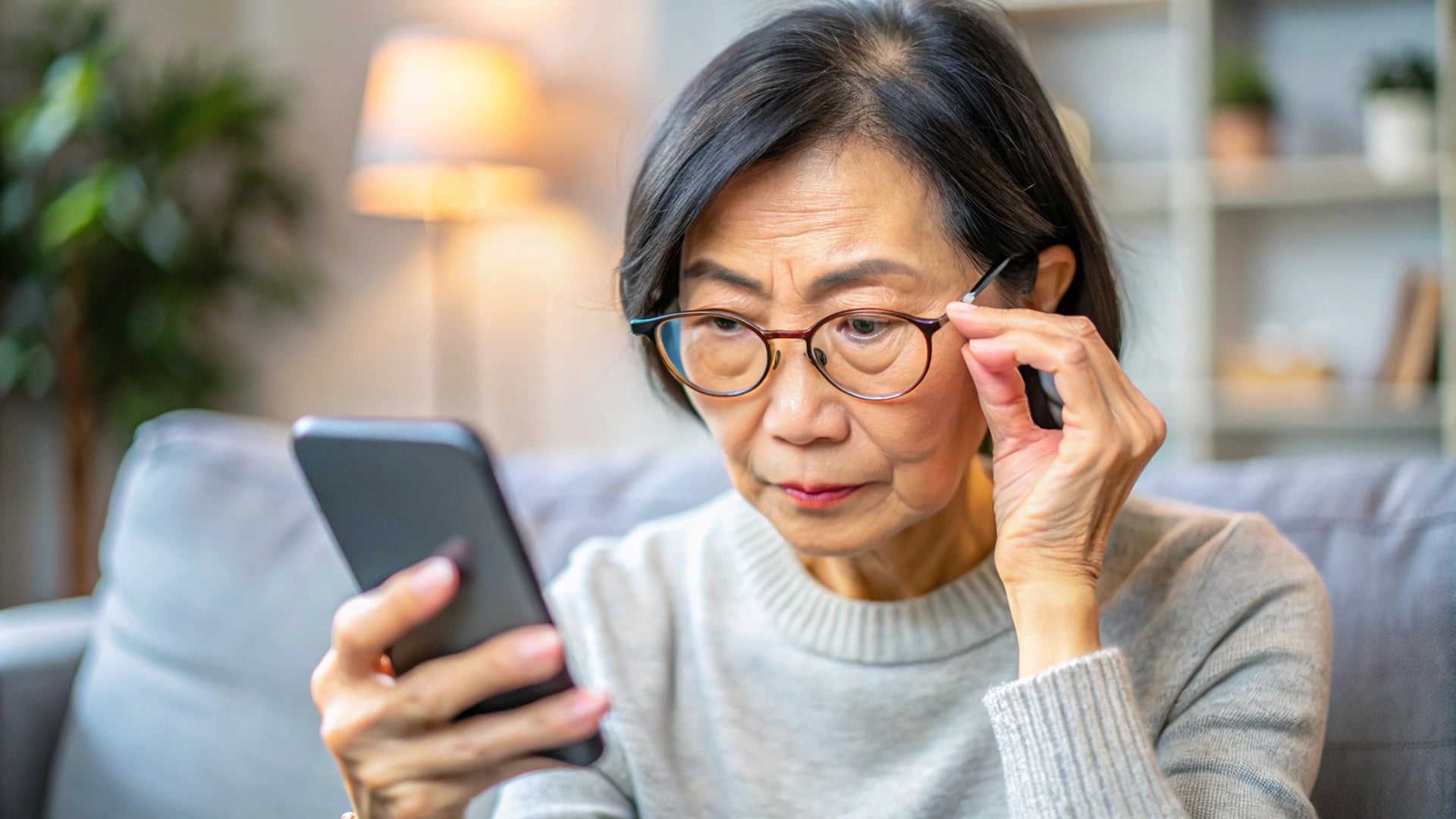 Elderly woman wearing glasses and looking at her phone
