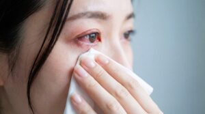 Hình ảnh một người phụ nữ đang lau mắt bị ngứa do dị ứng.