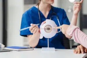 A consultation with an ophthalmologist includes a full assessment of eye health that an optical shop visit cannot provide