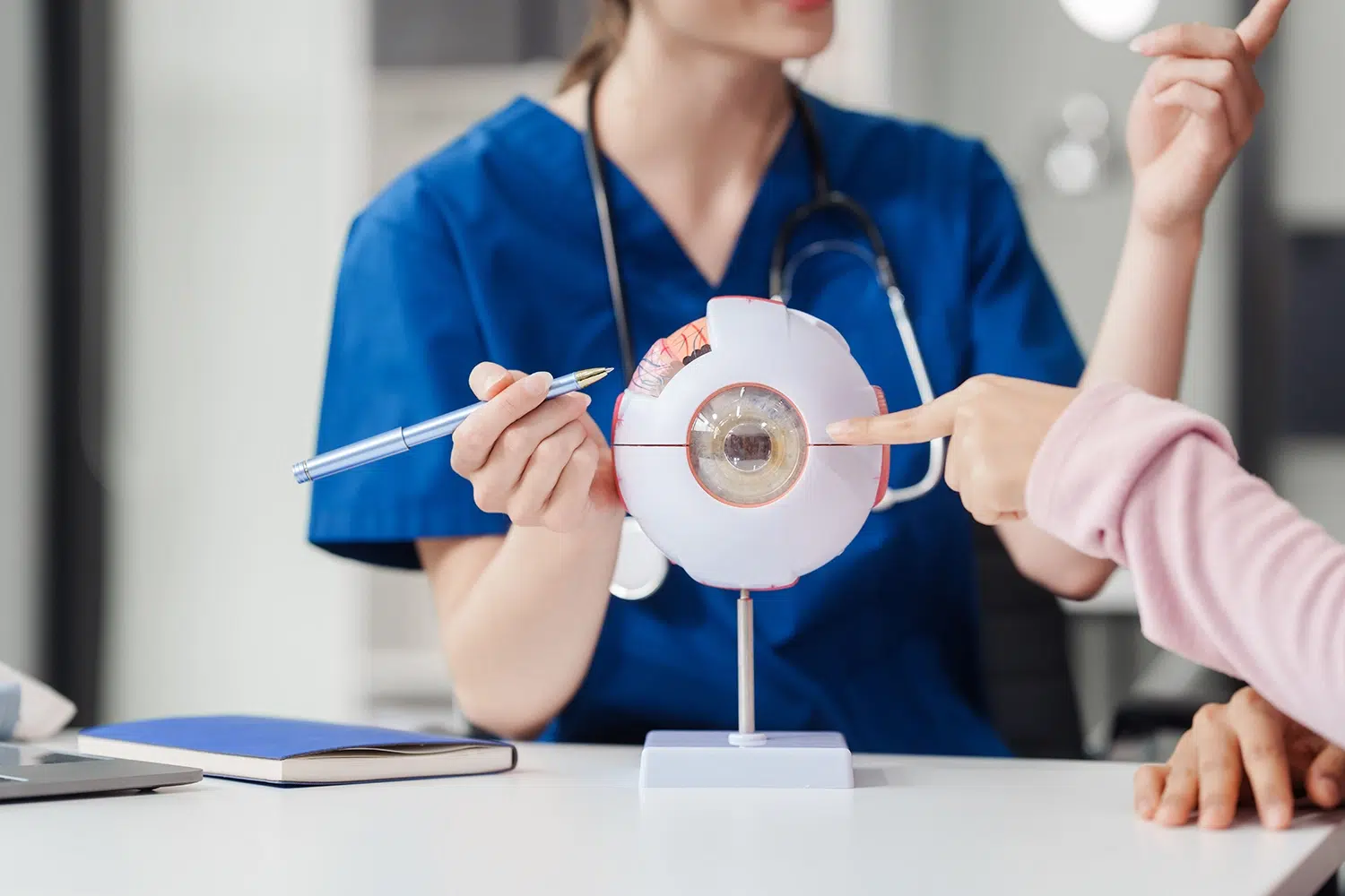 A consultation with an ophthalmologist includes a full assessment of eye health that an optical shop visit cannot provide